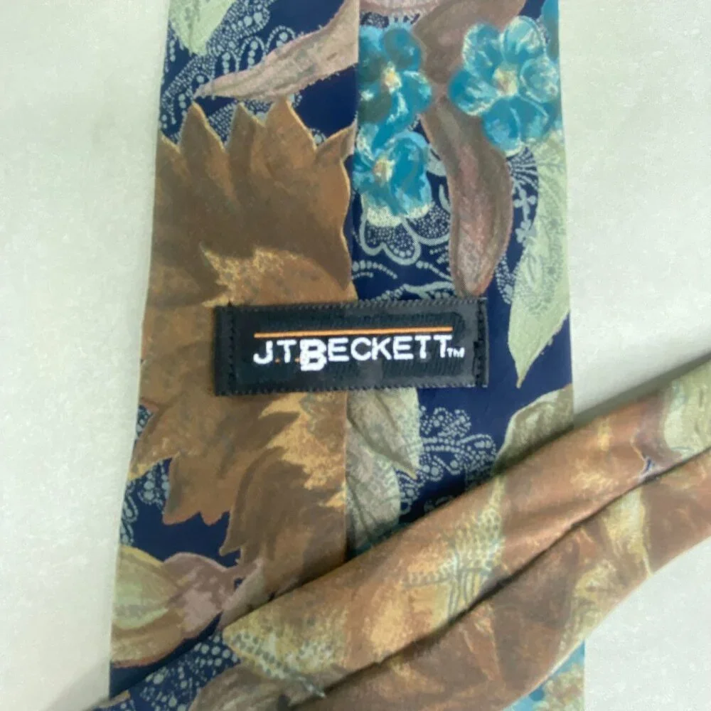 JT Beckett Silk Floral Tie Navy Blue With Green‎ & Brown Accents 59